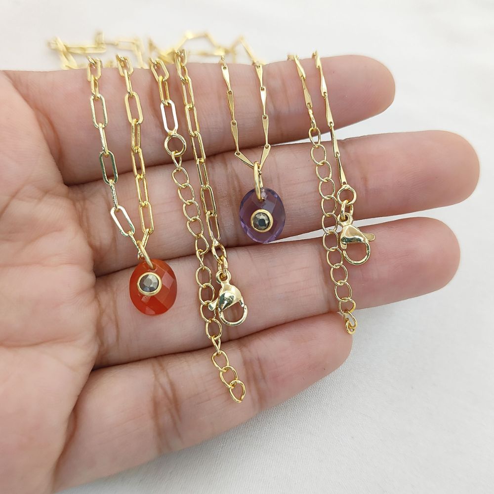 Minimalist Pyrite Gemstone Necklace Tiny Double Oval Pendant Jewelry for Women- Selling Per Piece