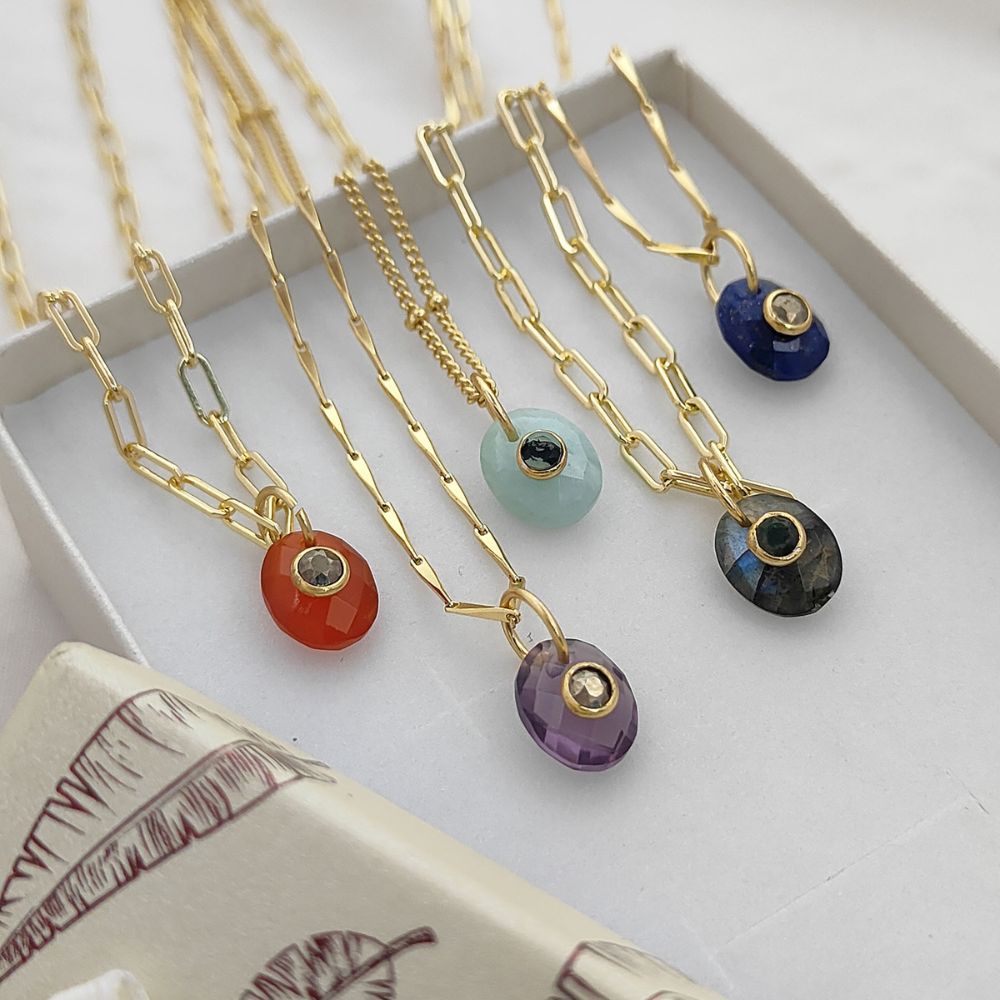 Minimalist Pyrite Gemstone Necklace Tiny Double Oval Pendant Jewelry for Women- Selling Per Piece