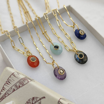 Minimalist Pyrite Gemstone Necklace Tiny Double Oval Pendant Jewelry for Women- Selling Per Piece