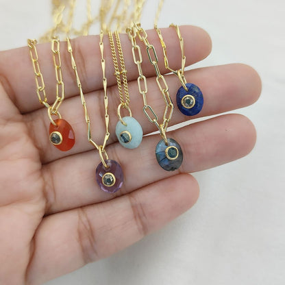 Minimalist Pyrite Gemstone Necklace Tiny Double Oval Pendant Jewelry for Women- Selling Per Piece