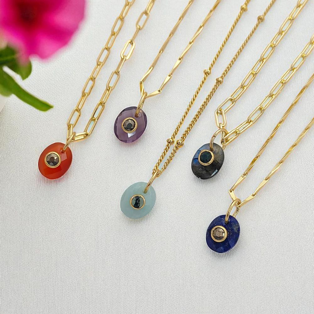 Minimalist Pyrite Gemstone Necklace Tiny Double Oval Pendant Jewelry for Women- Selling Per Piece