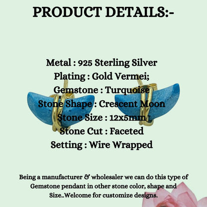 Minimalist Turquoise Crescent Stud Earrings, Gold Plated Half Moon Jewelry Gift for Her- Selling Per Pair