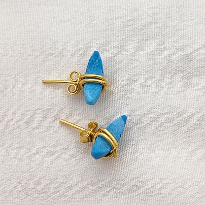 Minimalist Turquoise Crescent Stud Earrings, Gold Plated Half Moon Jewelry Gift for Her- Selling Per Pair