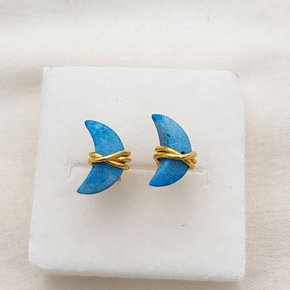 Minimalist Turquoise Crescent Stud Earrings, Gold Plated Half Moon Jewelry Gift for Her- Selling Per Pair