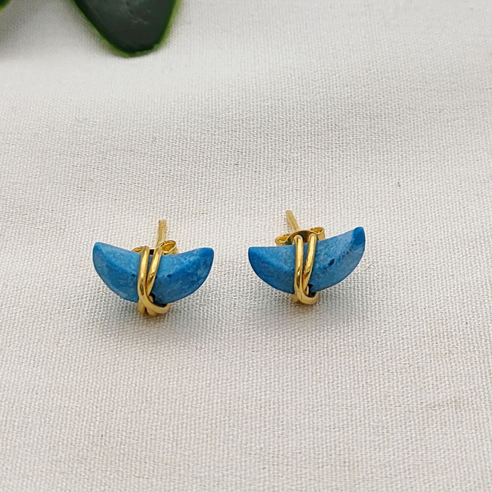 Minimalist Turquoise Crescent Stud Earrings, Gold Plated Half Moon Jewelry Gift for Her- Selling Per Pair