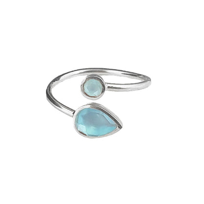 Minimalist handmade adjustable ring with two aqua chalcedony gemstones in 925 sterling silver, perfect gift