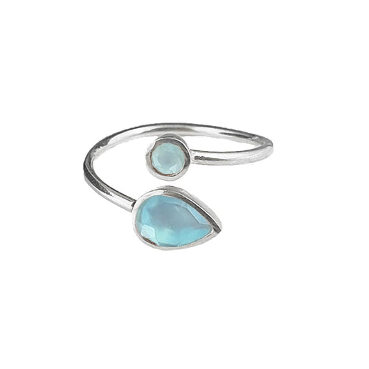 Minimalist handmade adjustable ring with two aqua chalcedony gemstones in 925 sterling silver, perfect gift