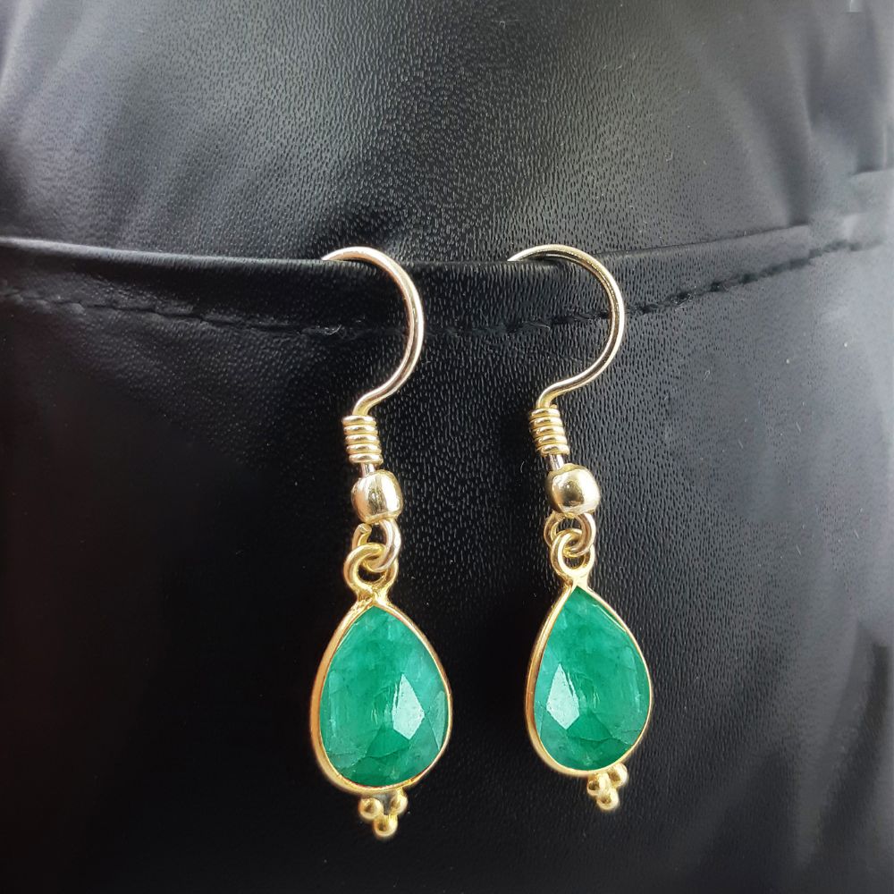 Bezel Set Emerald Green Dangle Earrings – Elegant Gold Plated Jewelry for Women