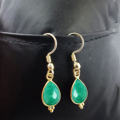Bezel Set Emerald Green Dangle Earrings – Elegant Gold Plated Jewelry for Women