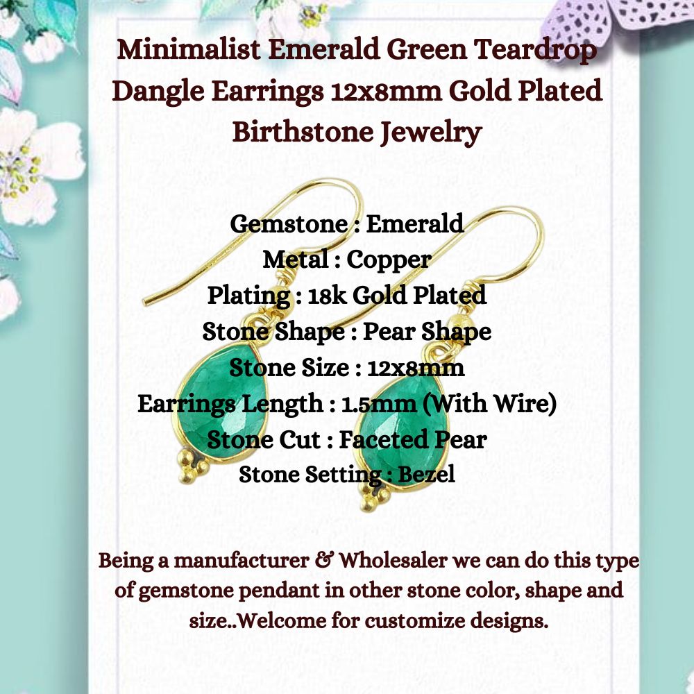 Minimalist Emerald Green Teardrop Dangle Earrings 12x8mm Gold Plated Birthstone Jewelry for Gift- Selling Per Piece