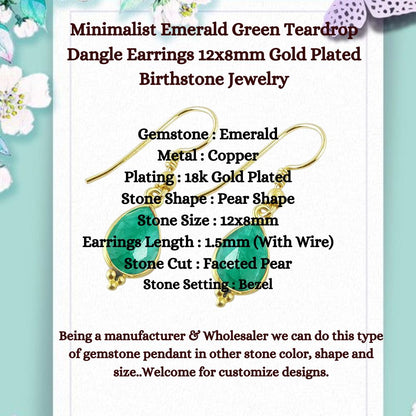 Minimalist Emerald Green Teardrop Dangle Earrings 12x8mm Gold Plated Birthstone Jewelry for Gift- Selling Per Piece