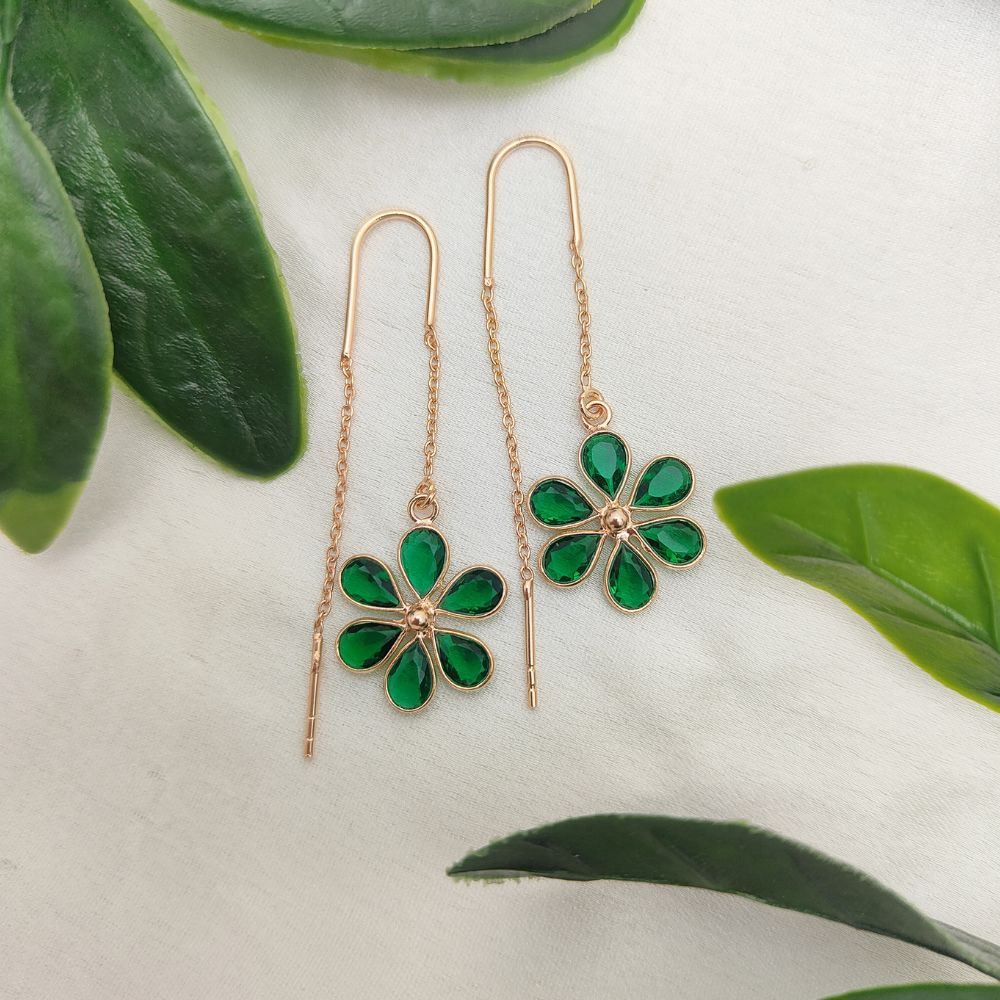 Elegant Green CZ Threader Earrings | Minimalist Pear Cut Drop in Rose Gold Plated Silver