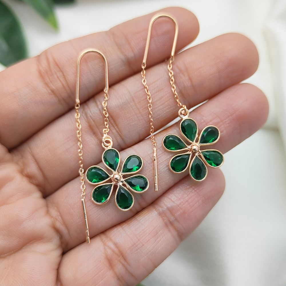 Rose Gold Plated Sterling Silver Green CZ Threader Earrings | Minimalist Pear Cut Drop"