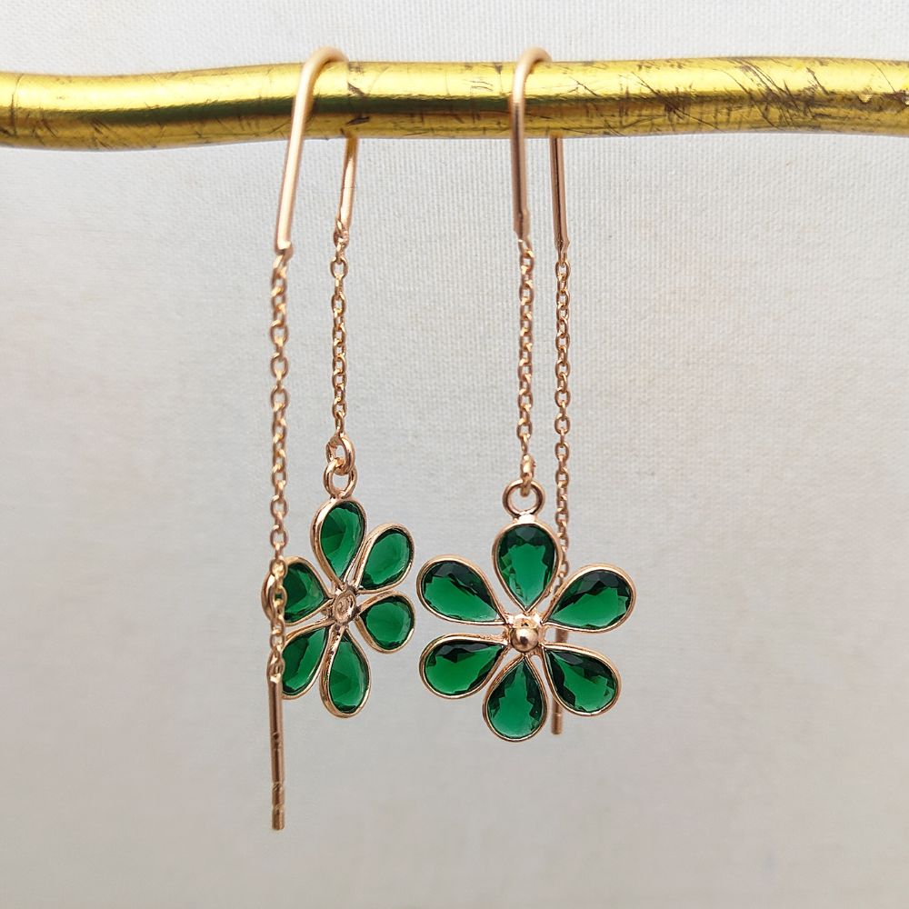Minimalist Green CZ Threader Earrings | Pear Shaped Drop in Rose Gold Plated Silver