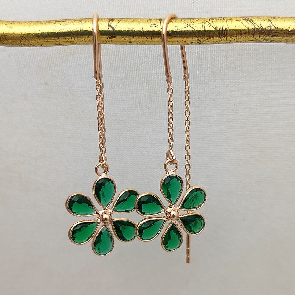 Rose Gold Plated Sterling Silver Green CZ Threader Earrings | Pear Cut Drop Design