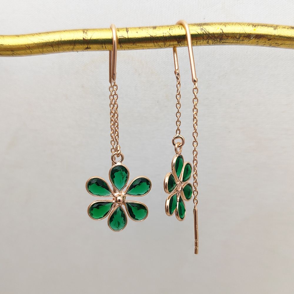 Minimalist Green CZ Pear Cut Drop Threader Earrings | Rose Gold Plated Sterling Silver Jewelry