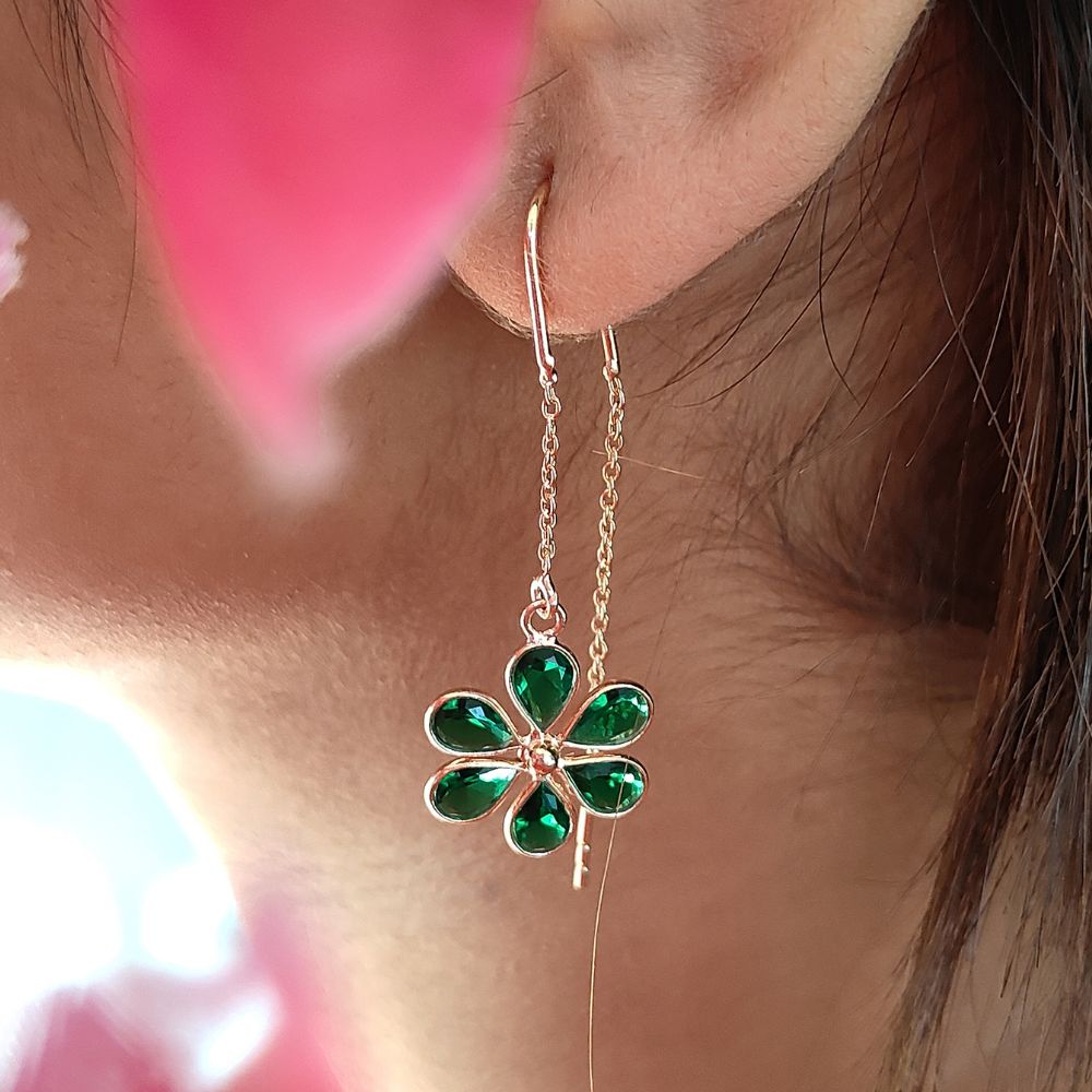 Chic Minimalist Green CZ Threader Earrings | Pear Cut Drops in Rose Gold Plated Silver