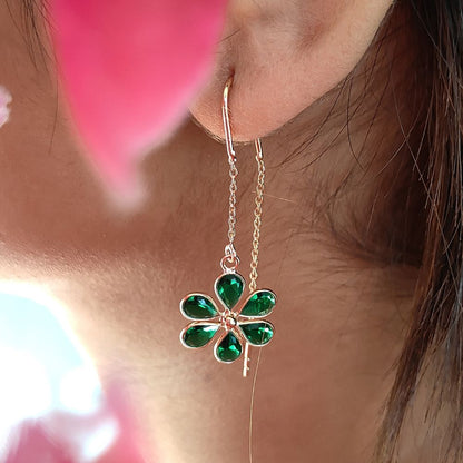 Chic Minimalist Green CZ Threader Earrings | Pear Cut Drops in Rose Gold Plated Silver