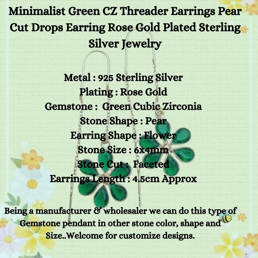 Handmade Green CZ Threader Earrings | Pear Drop Design in Rose Gold Plated Sterling Silver