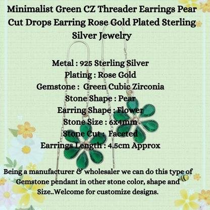 Handmade Green CZ Threader Earrings | Pear Drop Design in Rose Gold Plated Sterling Silver