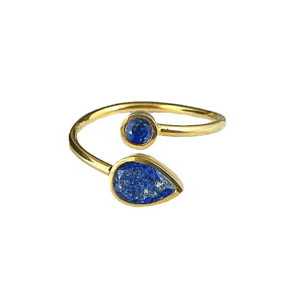 Minimalist adjustable ring with lapis lazuli gemstone, gold plated 925 sterling silver, handmade statement jewelry