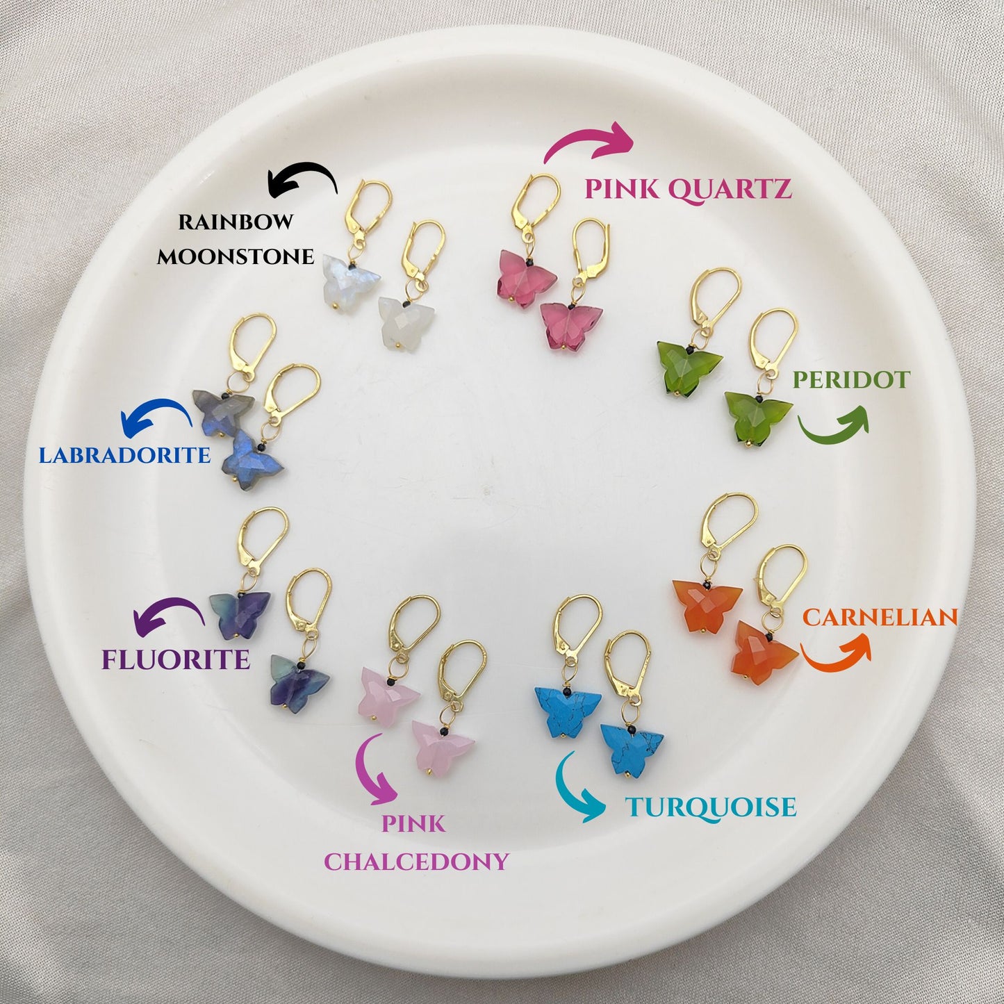 Handcrafted Multi-Gemstone Butterfly Earrings Gold Plated Sterling Silver Boho Danglers- Selling Per Piece