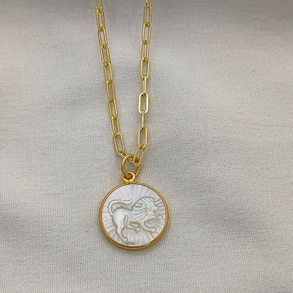 Mother of Pearl Zodiac Pendant for Necklace Gold Plated Astrology Sign Charm on Paperclip Chain Horoscope Jewelry Gift- Selling Per Piece