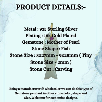 Mother of Pearl Fish Carved Pendant Inlay Gemstone in 925 Sterling Silver Lucky Animal DIY Jewelry Charm – Selling Per Piece