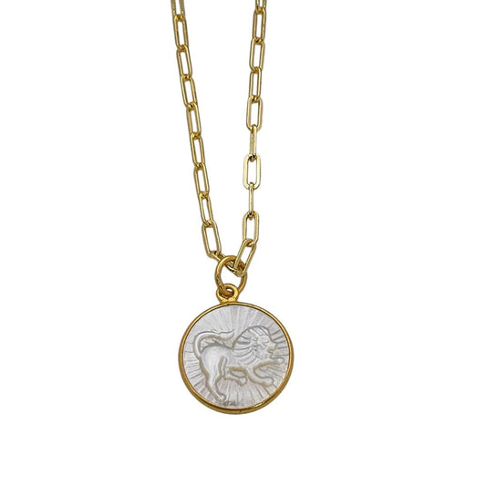 Mother of Pearl Leo Pendant for Necklace on Gold Plated Paperclip Chain Elegant Zodiac Jewelry- Selling Per Piece