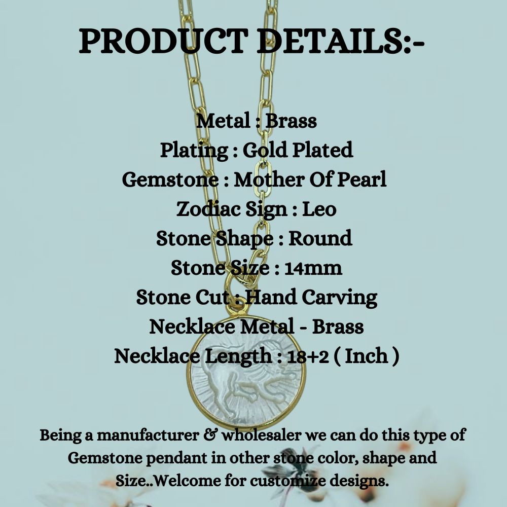 Mother of Pearl Leo Pendant for Necklace on Gold Plated Paperclip Chain Elegant Zodiac Jewelry- Selling Per Piece