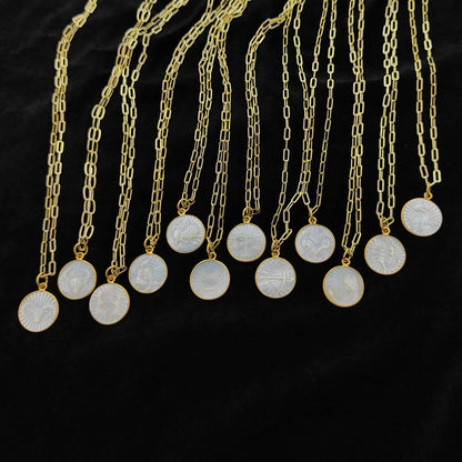 Mother of Pearl Zodiac Pendant for Necklace Gold Plated Astrology Sign Charm on Paperclip Chain Horoscope Jewelry Gift- Selling Per Piece