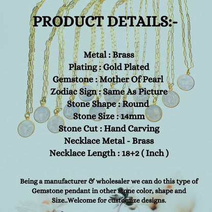 Mother of Pearl Zodiac Pendant for Necklace Gold Plated Astrology Sign Charm on Paperclip Chain Horoscope Jewelry Gift- Selling Per Piece