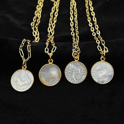 Mother of Pearl Zodiac Pendant for Necklace Gold Plated Astrology Sign Charm on Paperclip Chain Horoscope Jewelry Gift- Selling Per Piece