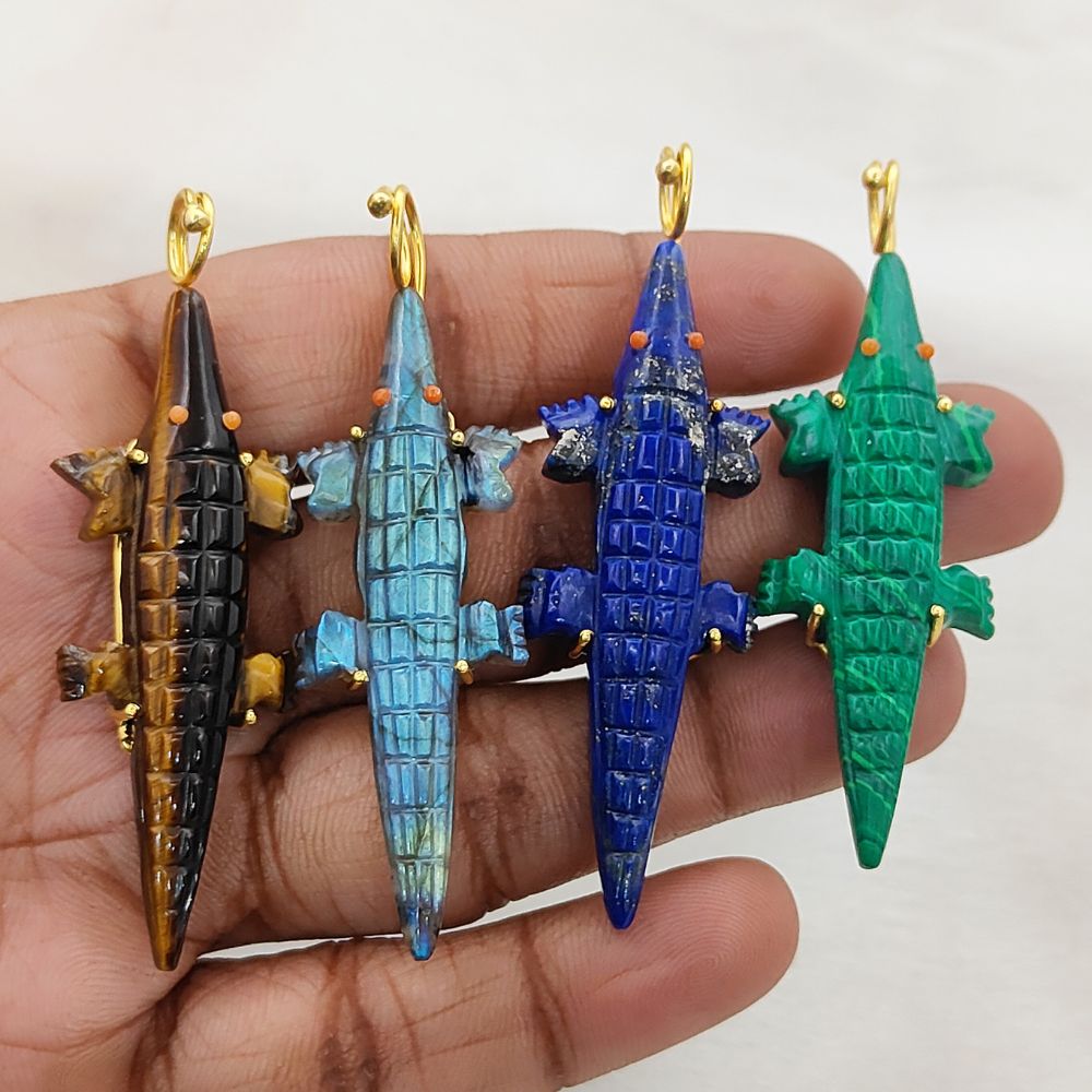 Multi-Color Gemstone Crocodile Pendant Gold Plated Hand-Carved Alligator Animal Charm Necklace Tribal Boho Jewelry – Selling Per Piece