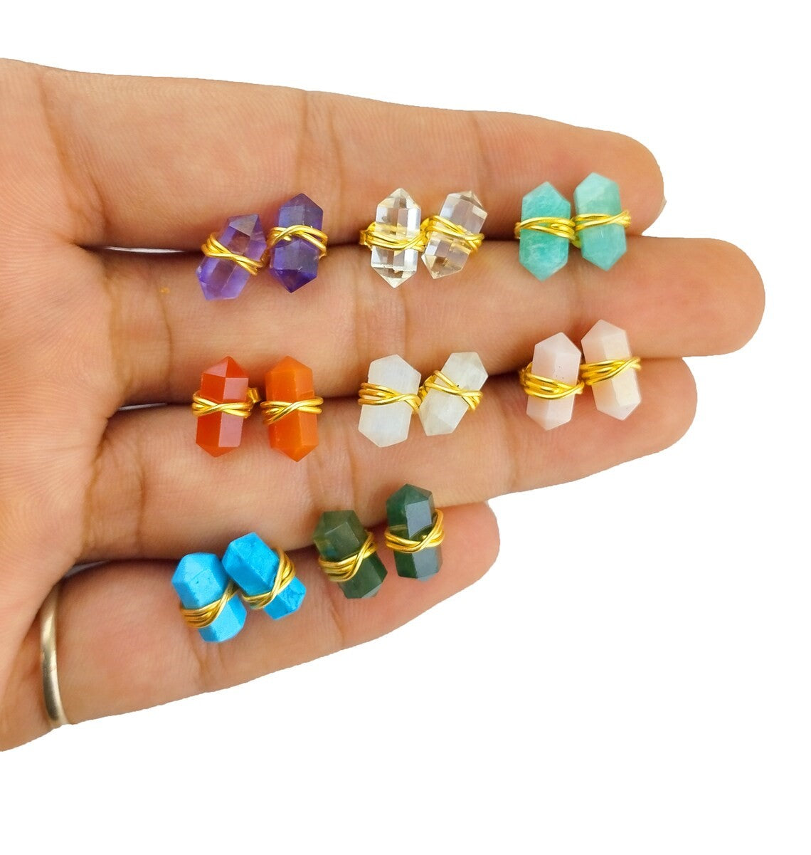 Handmade 12x5mm Gemstone Double Point Stud Earrings Gold Vermeil Wire Wrapped Unique Gift Jewelry for Her- Selling Per Pair