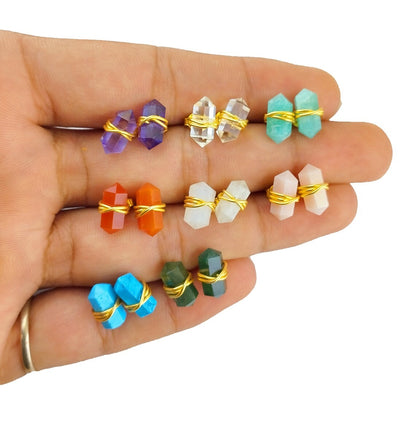 Handmade 12x5mm Gemstone Double Point Stud Earrings Gold Vermeil Wire Wrapped Unique Gift Jewelry for Her- Selling Per Pair