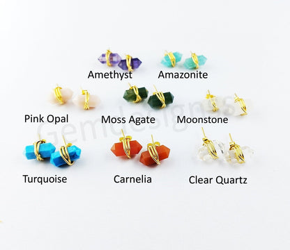 Handmade 12x5mm Gemstone Double Point Stud Earrings Gold Vermeil Wire Wrapped Unique Gift Jewelry for Her- Selling Per Pair