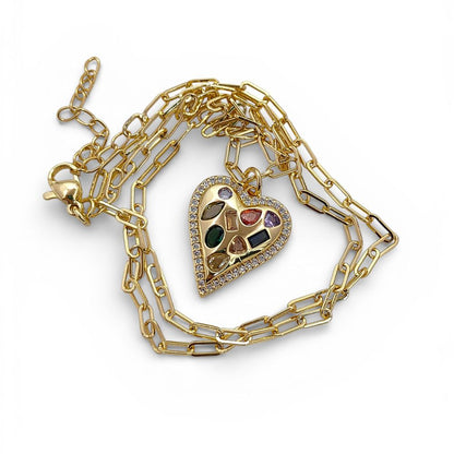 Multicolor CZ Heart Necklace in 18K Gold Filled Handmade Micro Pavé Love Pendant for Women – Selling Per Necklace