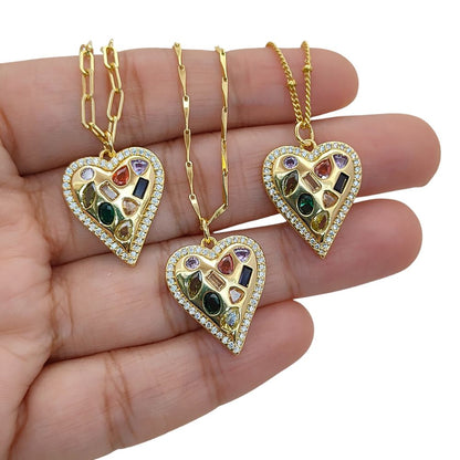 Multicolor CZ Heart Necklace in 18K Gold Filled Handmade Micro Pavé Love Pendant for Women – Selling Per Necklace