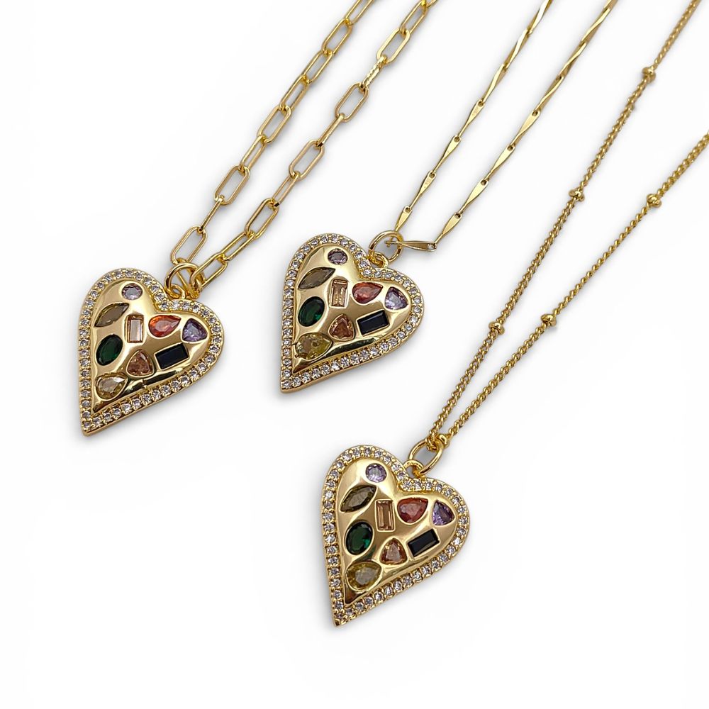 Multicolor CZ Heart Necklace in 18K Gold Filled Handmade Micro Pavé Love Pendant for Women – Selling Per Necklace