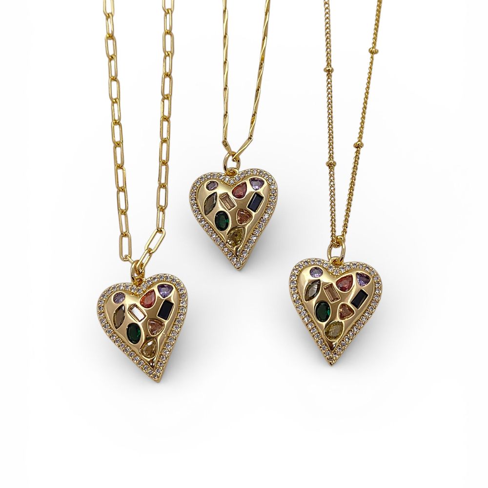 Multicolor CZ Heart Necklace in 18K Gold Filled Handmade Micro Pavé Love Pendant for Women – Selling Per Necklace