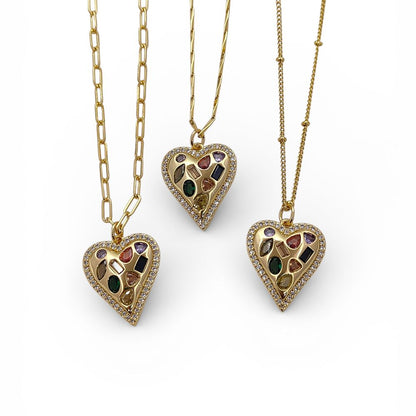Multicolor CZ Heart Necklace in 18K Gold Filled Handmade Micro Pavé Love Pendant for Women – Selling Per Necklace