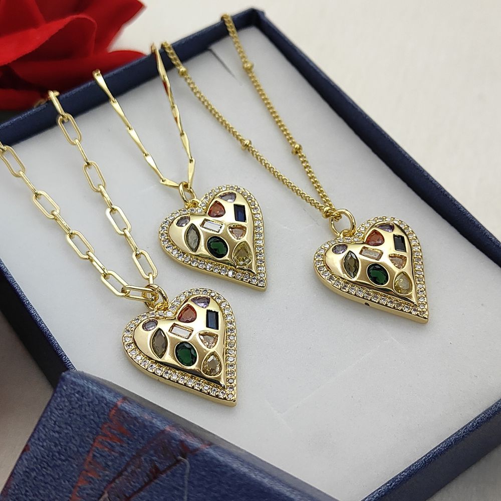 Multicolor CZ Heart Necklace in 18K Gold Filled Handmade Micro Pavé Love Pendant for Women – Selling Per Necklace