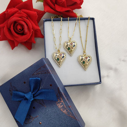 Multicolor CZ Heart Necklace in 18K Gold Filled Handmade Micro Pavé Love Pendant for Women – Selling Per Necklace