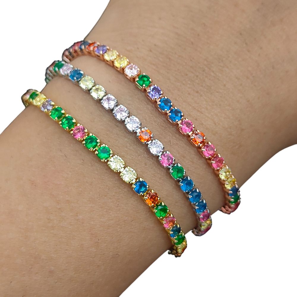 Multicolor CZ Tennis Bracelet Adjustable Women Bracelet with Round Cut Cubic Zirconia and Sliding Stopper Bead – Selling by Bracelet