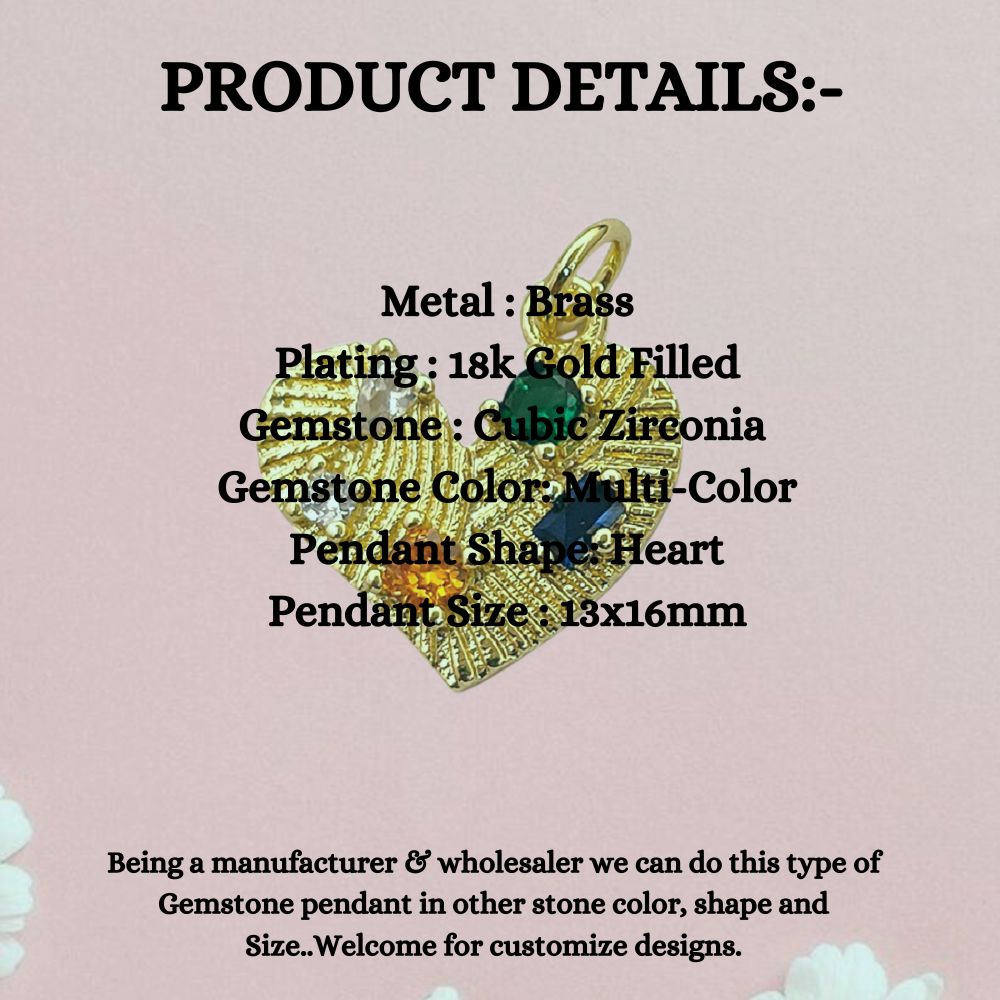 Multicolor Cubic Zirconia Heart Pendant 18K Gold Plated Dainty Micropave Love Charm for DIY Jewelry Making- Selling Per Piece