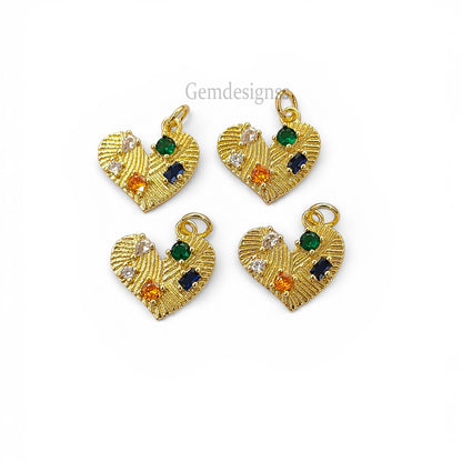 Multicolor Cubic Zirconia Heart Pendant 18K Gold Plated Dainty Micropave Love Charm for DIY Jewelry Making- Selling Per Piece