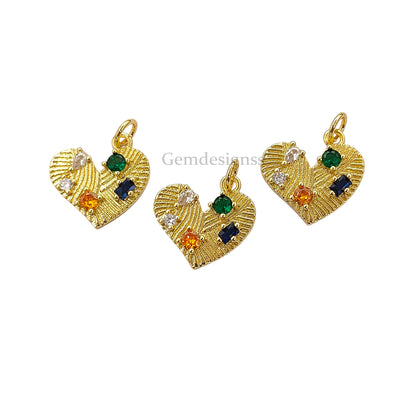 Multicolor Cubic Zirconia Heart Pendant 18K Gold Plated Dainty Micropave Love Charm for DIY Jewelry Making- Selling Per Piece