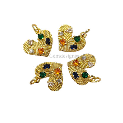 Multicolor Cubic Zirconia Heart Pendant 18K Gold Plated Dainty Micropave Love Charm for DIY Jewelry Making- Selling Per Piece