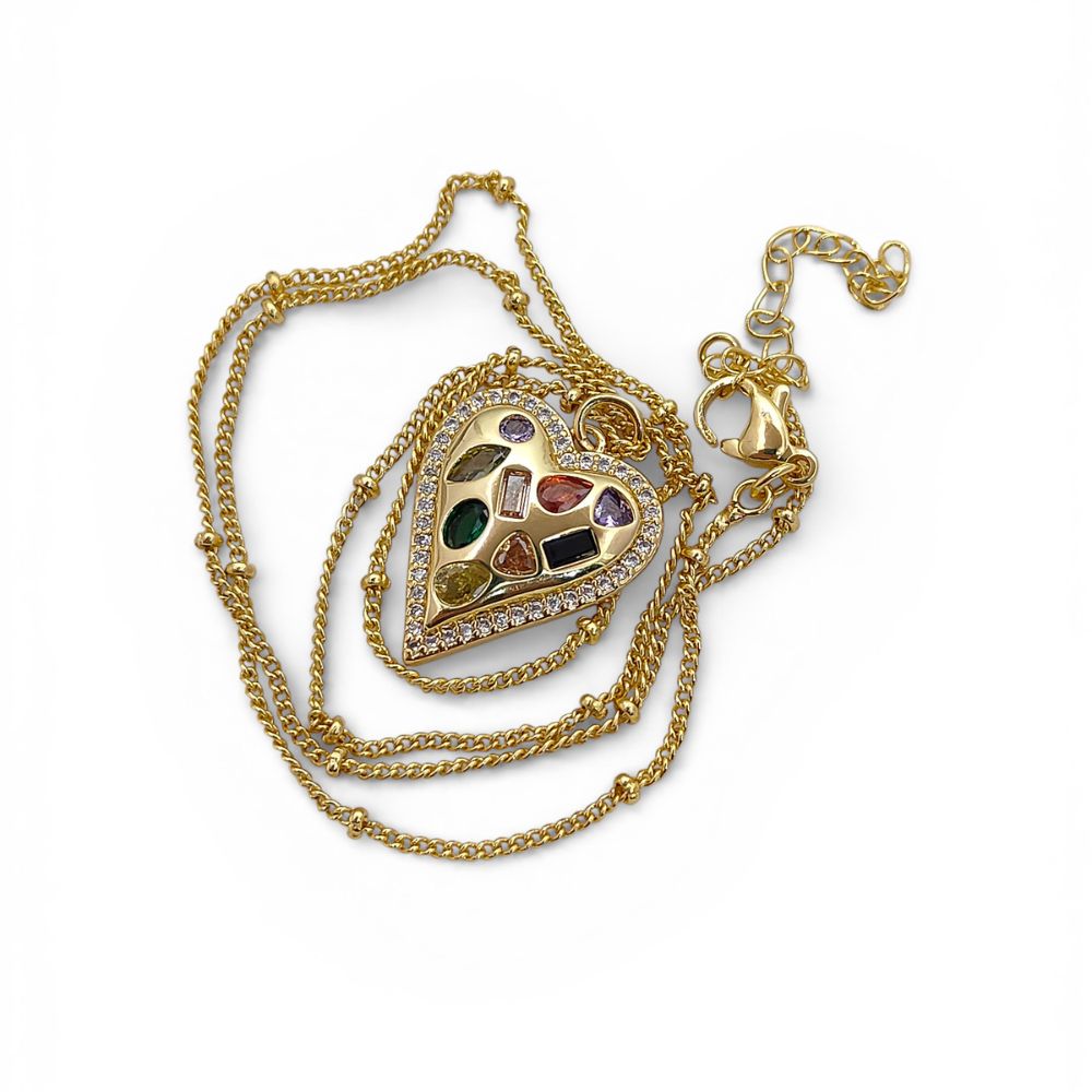 Multicolor CZ Heart Necklace in 18K Gold Filled Handmade Micro Pavé Love Pendant for Women – Selling Per Necklace